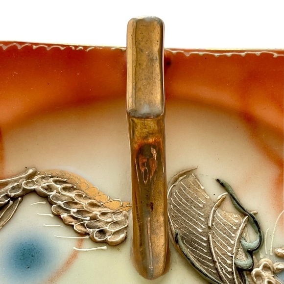 Vintage Moriage Hand Painted Dragonware Square Nappy Plate Orange Gold Japan - Picture 6 of 11